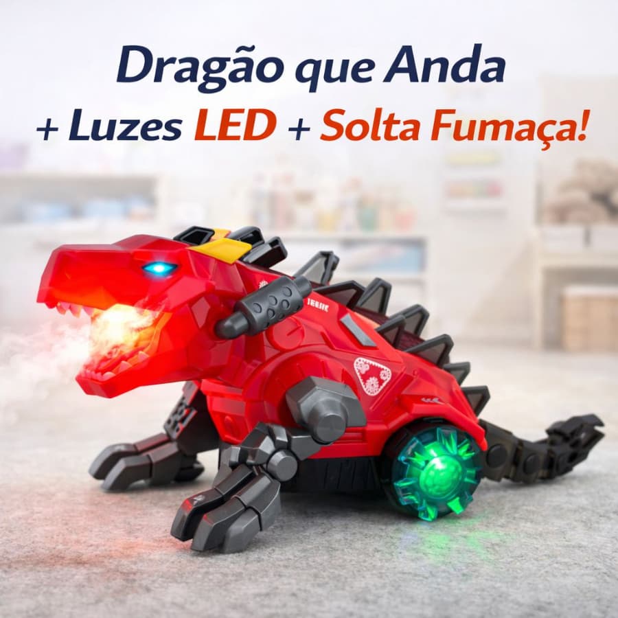 Dragão Brinquedo Interativo Anda Bate e Volta Solta Fumaça com Luz LED Criança Presente-dinossauro