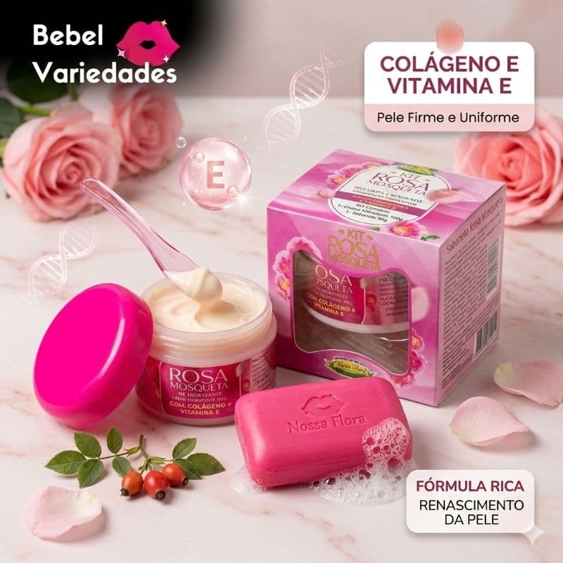 ​Kit Rosa Mosqueta Sabonete + Creme Facial Hidratante Colágeno e Vitamina E - Nossa Flora