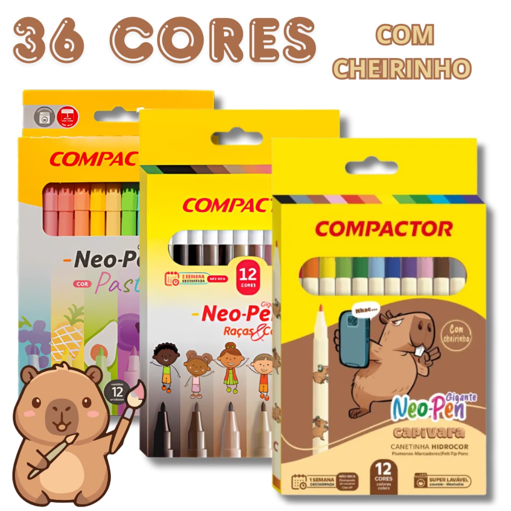 KIT 36 Canetinhas CAPIVARA 12 Cores Vivas Com CHEIRINHO+12 Tom Pastel+12 Raças Compactor NeoPen