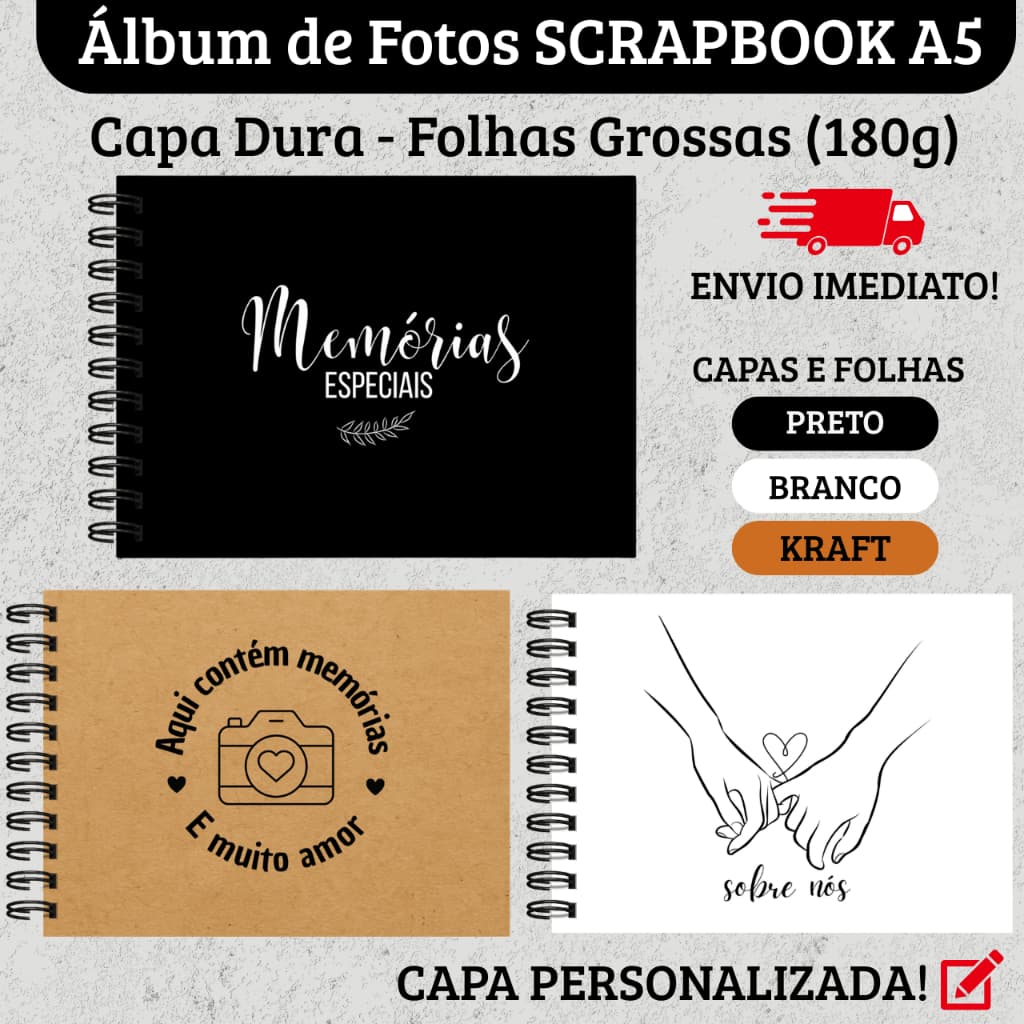 Álbum de Fotos A5 Scrapbook - Capa Dura, Casal, Colar fotos, Livro Memórias Polaroid, Dia dos Professores