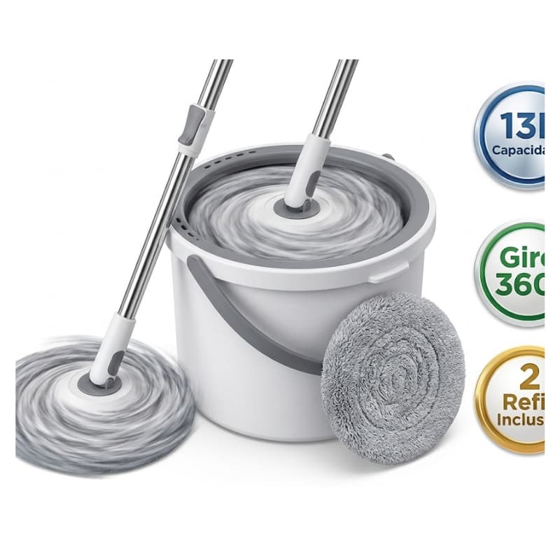 Mop Giratório Balde Multifuncional Kit 2 Refil Microfibra Limpeza Eficiente 360 13 Litros