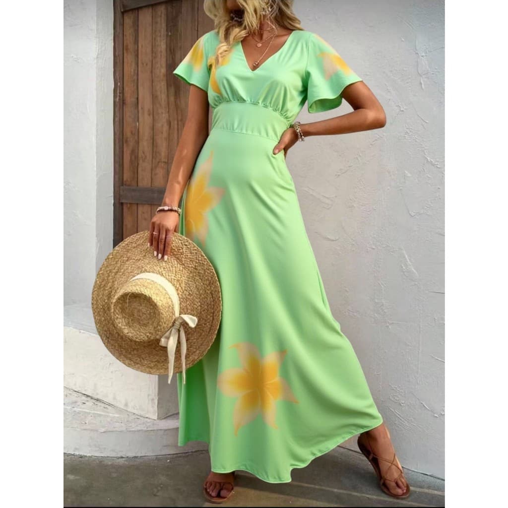Vestido Longo Feminina Com Manga Estampada Flor Primavera Verão Outuno Elegando Confortavel Casual Cruzado Férias Praia