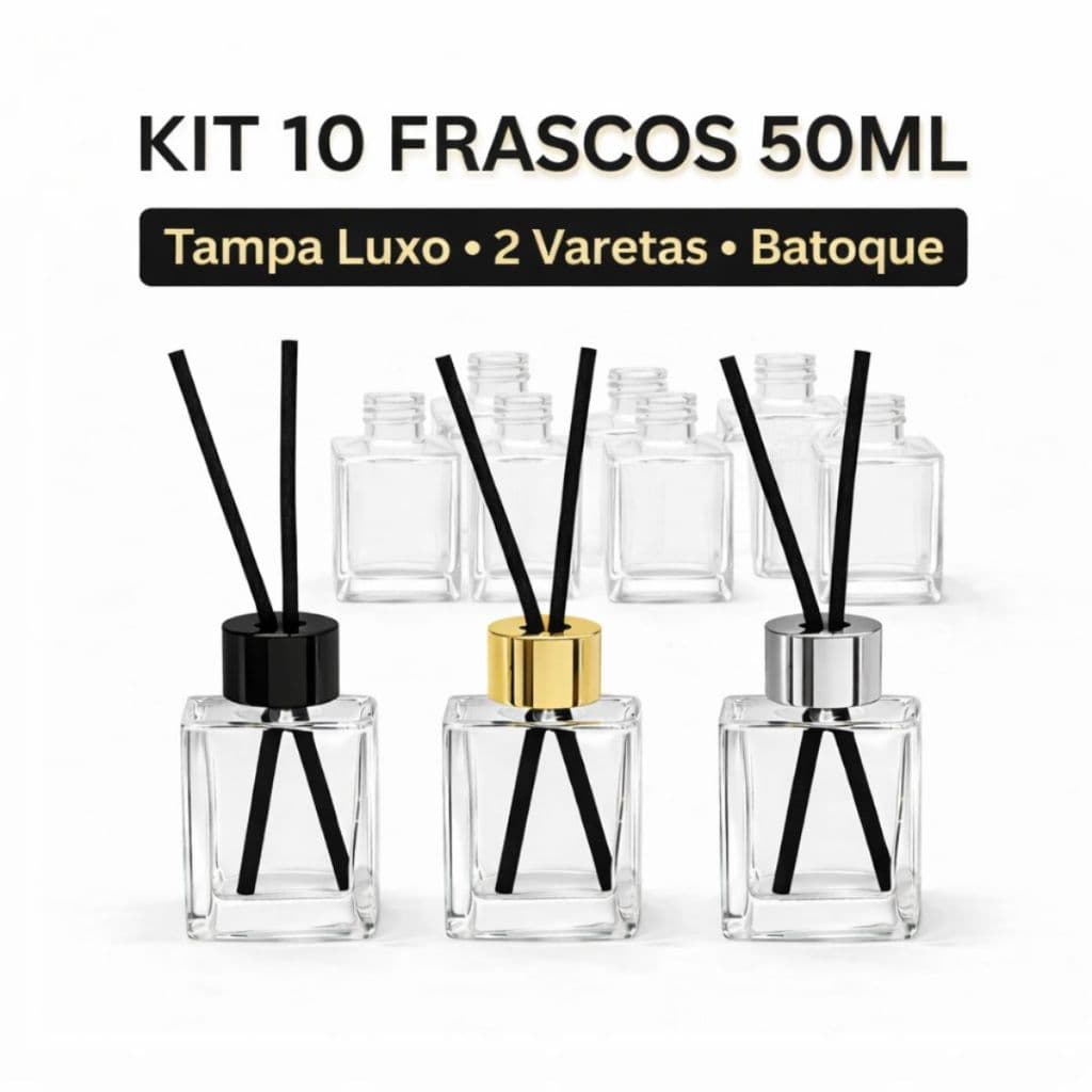 Kit 10 Frascos de Vidro para Aromatizador 50ml Cubo Tampa Luxo e Varetas - Lembrancinha - Difusor