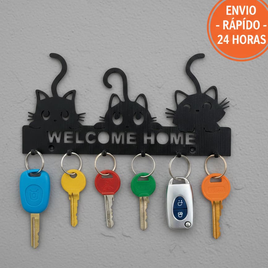 Porta Chaves de Parede Gatos Welcome Home 6 Ganchos Decorativo