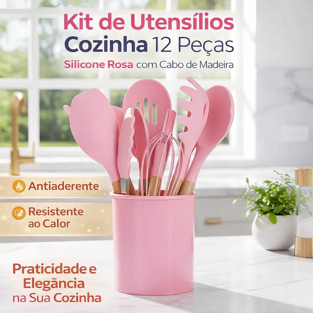 Kit 12 Utensílios de Cozinha Silicone Rosa com Cabo de Madeira – Antiaderente e Resistente ao Calor