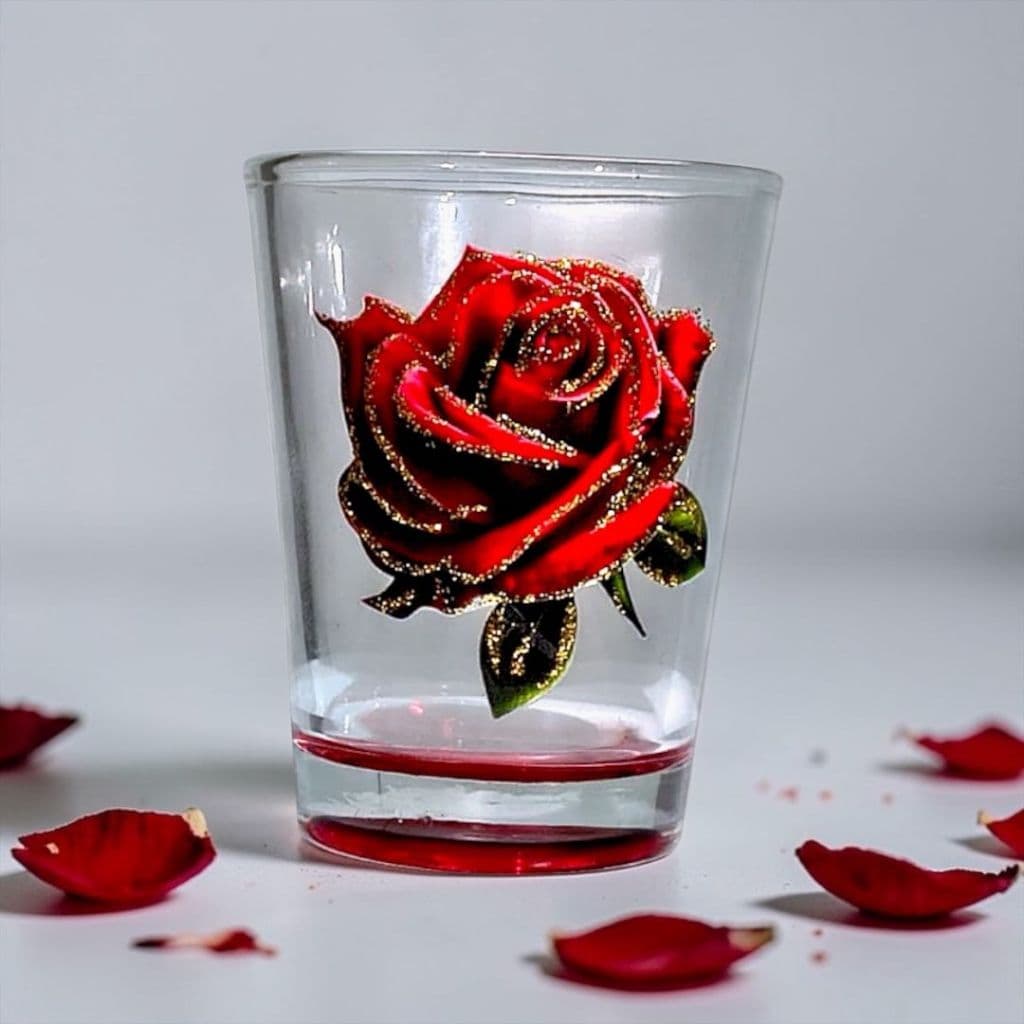 Copo Dose Pomba Gira Flor Vermelha e Dourada Fundo Vermelho