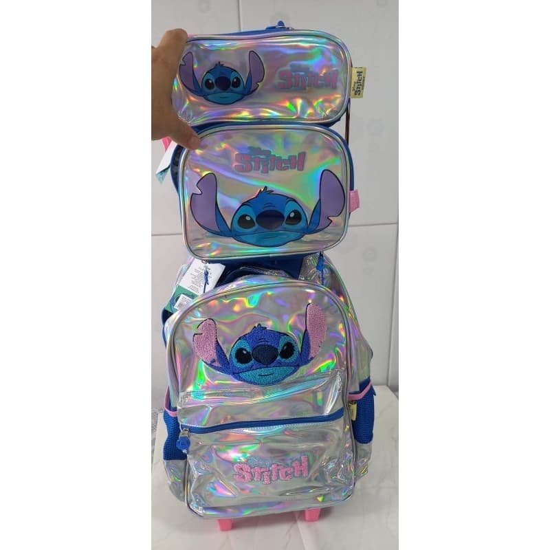Kit Mochila Stitch Rodinhas Holográfica Lancheira Estojo Escolar