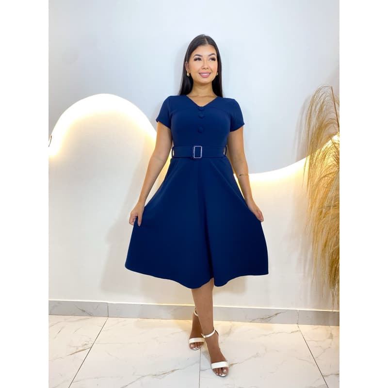 VESTIDO MÍDI RODADO COM 3 BOTÕES E CINTO EM MALHA CREPE MODA EVANGÉLICA MODA CRISTÃ