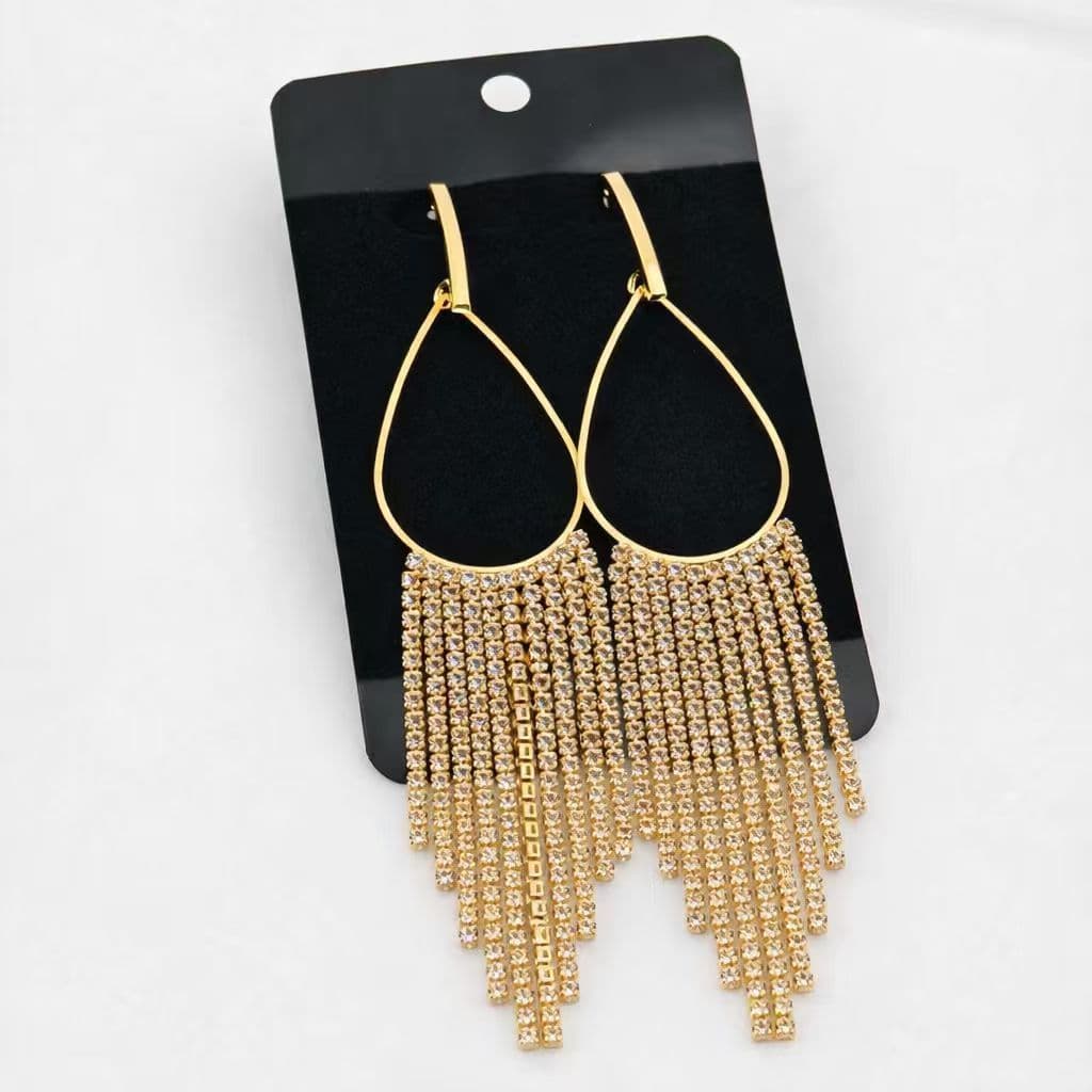 Par de Brincos Longos com Franja e Cristal – Moda Feminina Estilo Cartilagem