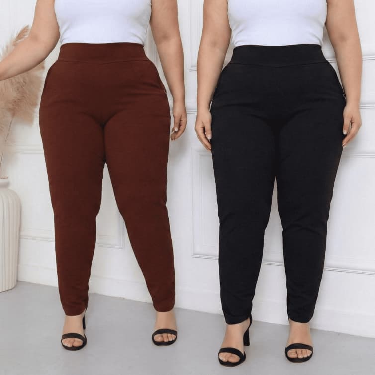 Kit 2 Calça Feminina Plus Size Cintura Alta Com Elástico Estilosa Malha Crepe Confortável