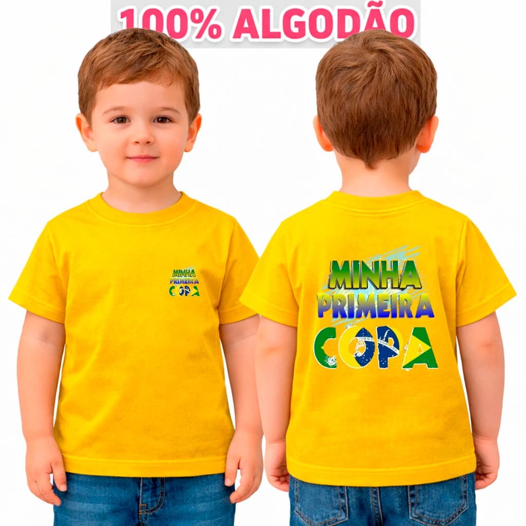 Camiseta Infantil Juvenil Frente+Costa Brasil Minha Primeira Copa Seleção Algodão Conforto Diário Menino Unissex