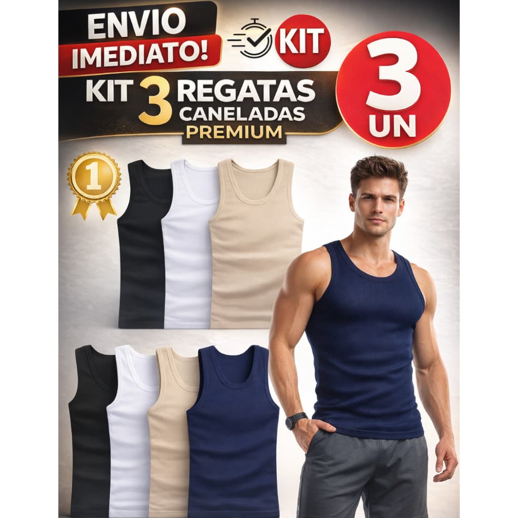 KIT com 3 Regatas Caneladas Masculinas Qualidade Premium Modelo Americana Algodão Com Elastano