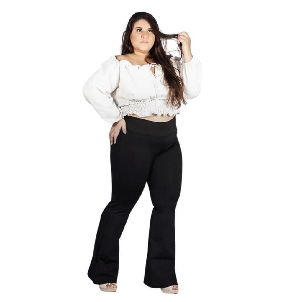 Calça Boca de Sino Legging Plus Size Cintura Alta Feminina Suplex Zero Transparencia