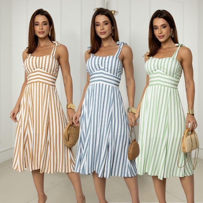 VESTIDO MIDI LISTRADO, com Alça ajustavel, Bojo e Forro , Vestido Feminino Elegante Social - Tecido Viscolinho