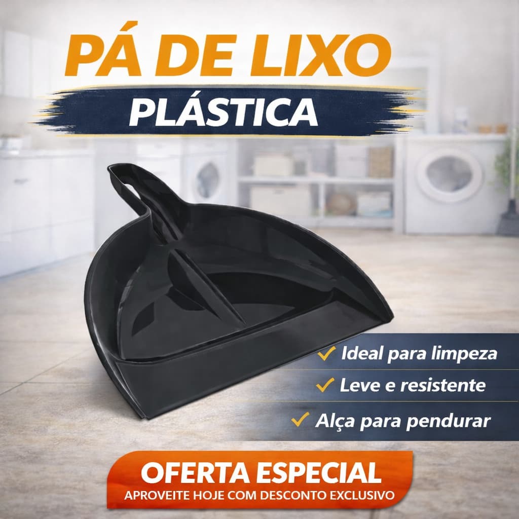 Pá de Lixo Plástica Preta Cabo Curto Resistente para Limpeza Faxina Casa