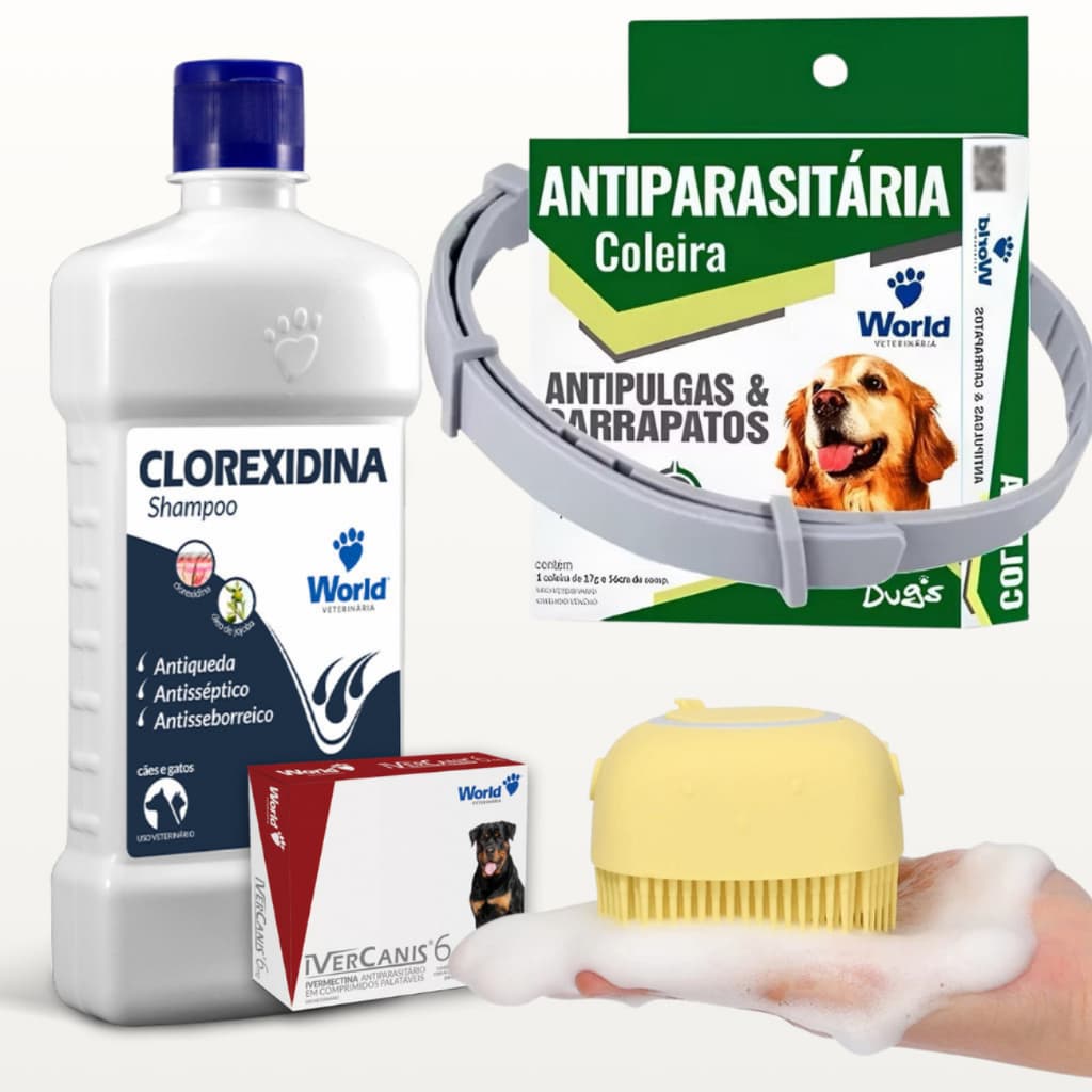 Kit Antiparasitário Shampoo Dermatite Clorexidina + Coleira + Ivercanis + Esponja