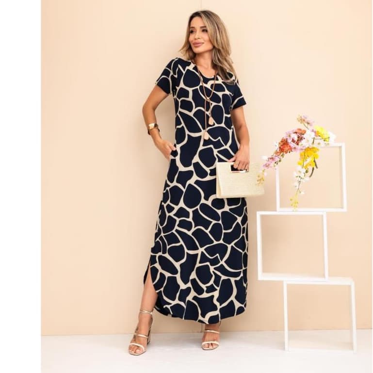 Vestido Longo Midi Saruel com bolso e manga curta viscolycra veste 38 ao 44