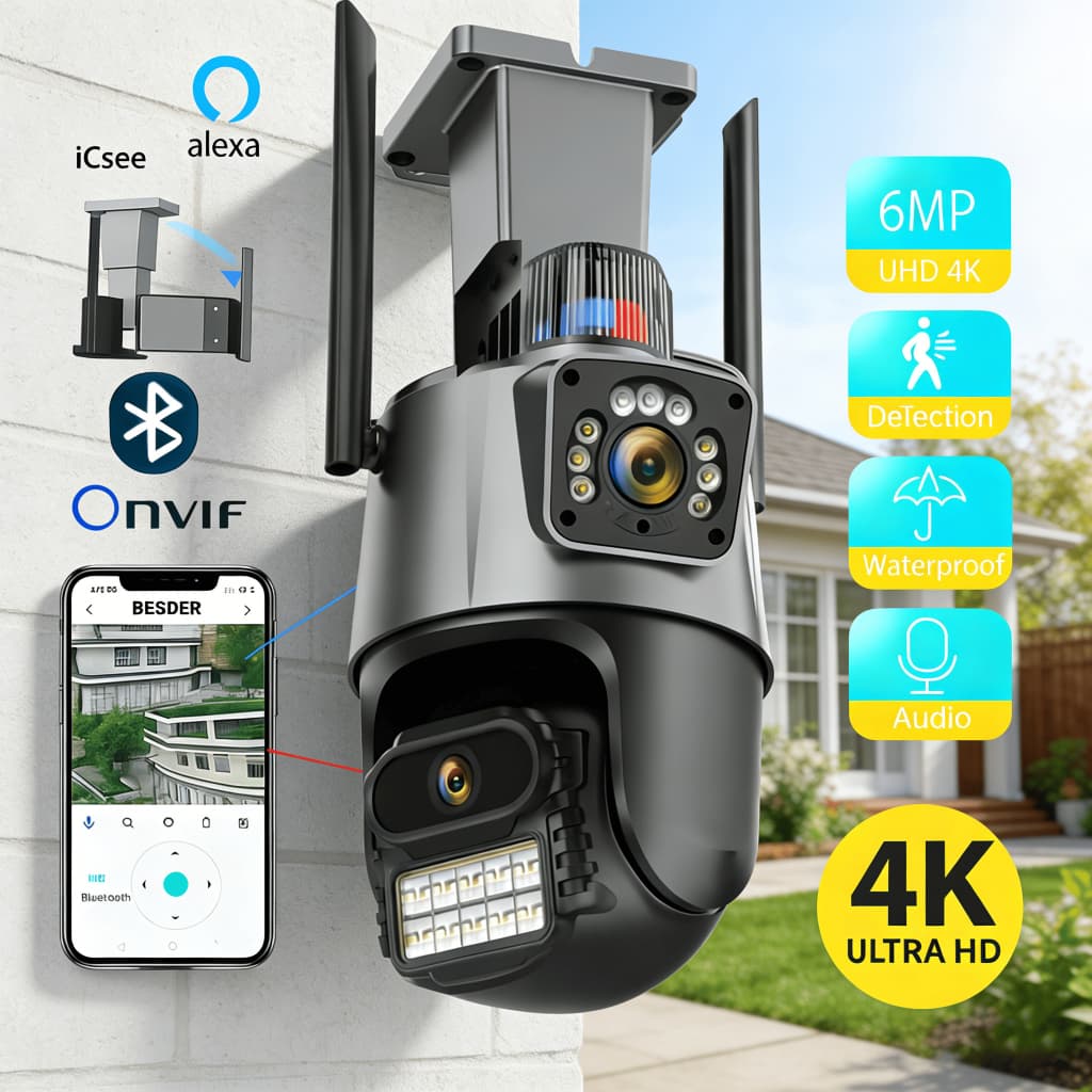 Câmera Segurança Externa Wi-Fi Pro 6MP Dupla Lente 4K Visão Noturna Colorida À Prova D'água Icsee