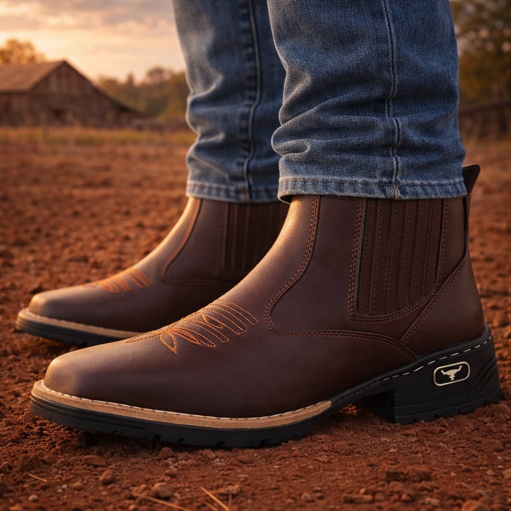 Botina Texana Masculina Bico Quadrado Bordada Reforçada Cavalgada Country