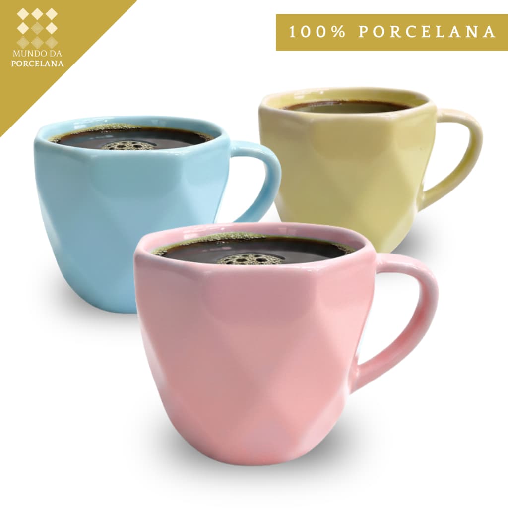 Kit 6 Xicaras Porcelana Cristal Jogo De Xícara Café Cha Colorida Mundo da Porcelana