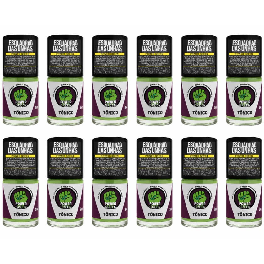 Kit 12 Tônico Hidratante para Unha e Cutícula Power Green 9ml com Semente de Uva Esquadrão das Unha - Razon Cosmeticos