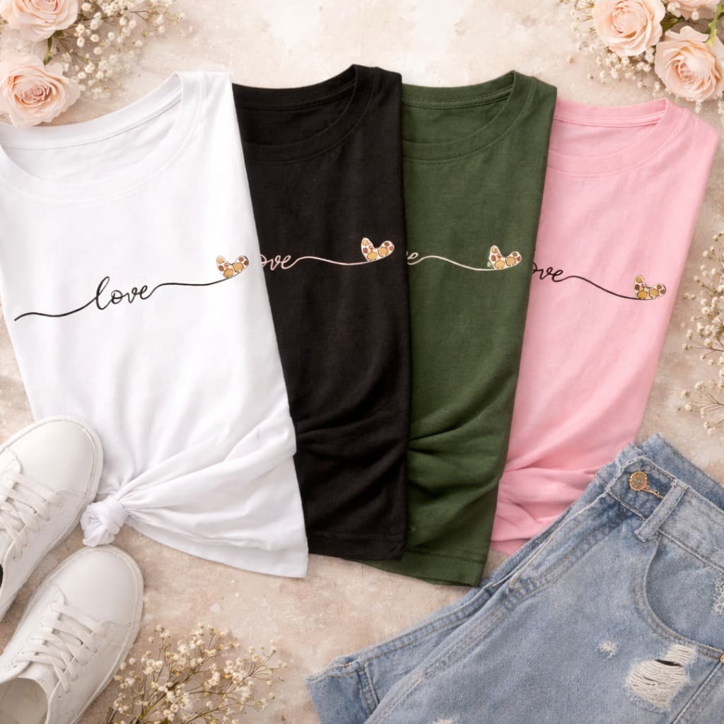 Camiseta T-Shirt Feminina Love com Borboleta Estampa Delicada Camisa Fashion 100% Algodão