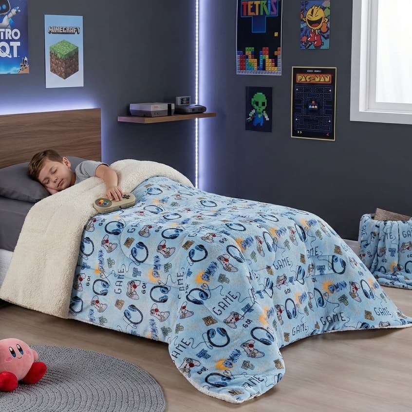 COBERDROM Infantil GAME Dupla Face Cobertor Edredom Flannel Macio e Sherpa Fofinha