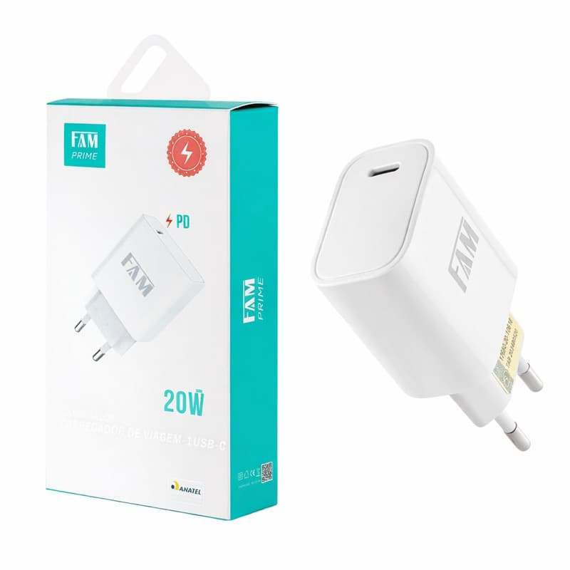 Carregador Tipo C 20W Turbo FAM PD20 carregamento rapido fonte usb c power delivery iphone android