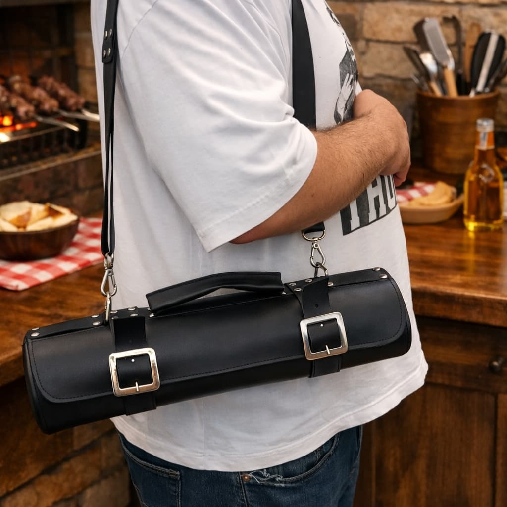 Estojo Porta Facas Churrasco Chefe de Cozinha Em Couro Legitimo Preto Qualidade Premium