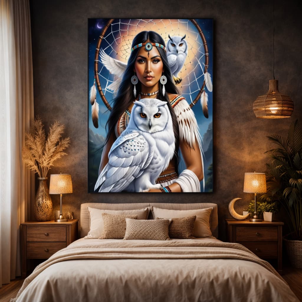 Quadro Decorativo Pintura Mosaico Mulher Indígena Guerreira E Coruja Branca Sofisticado Luxo