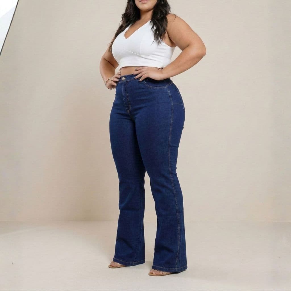 Calça Jeans Flare Plus Size Cintura Alta Lycra Elastano Premium Efeito Levanta Bumbum Curve Premier