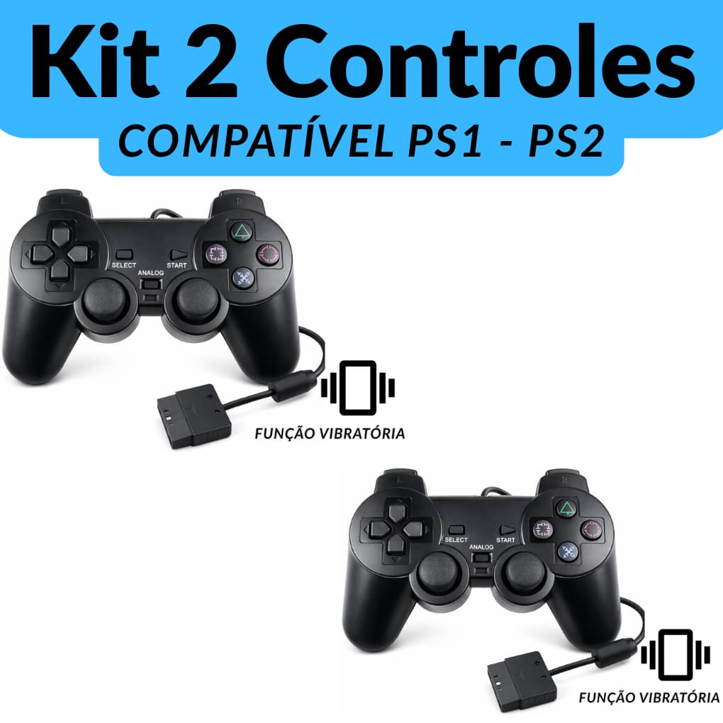 Kit 2 Controle PS1 PS2 Com Fio e Função Vibratória