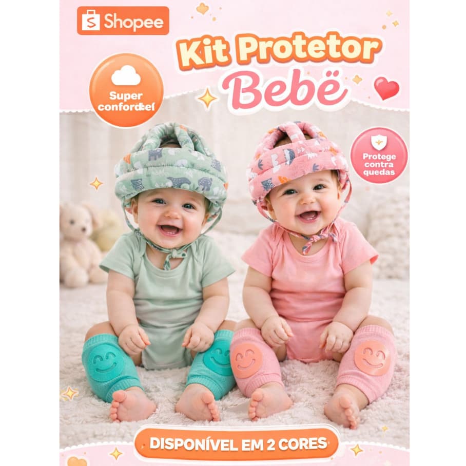 Kit Segurança Bebê Capacete Protetor + Joelheiras Antiderrapantes | Proteção Para Engatinhar e Primeiros Passos