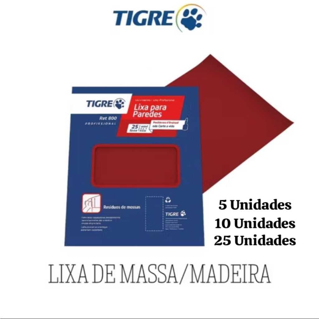 Lixa para Massa e Madeira Tigre 50, 60, 80, 100, 120, 150, 180, 220 Gesso, Alvenaria, Madeira - ESCOLHA A QUANTIDADE