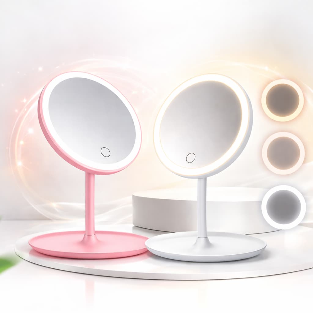 Espelho de Mesa com Luz LED e Porta Maquiagem Redondo Recarregável e Iluminação Regulável