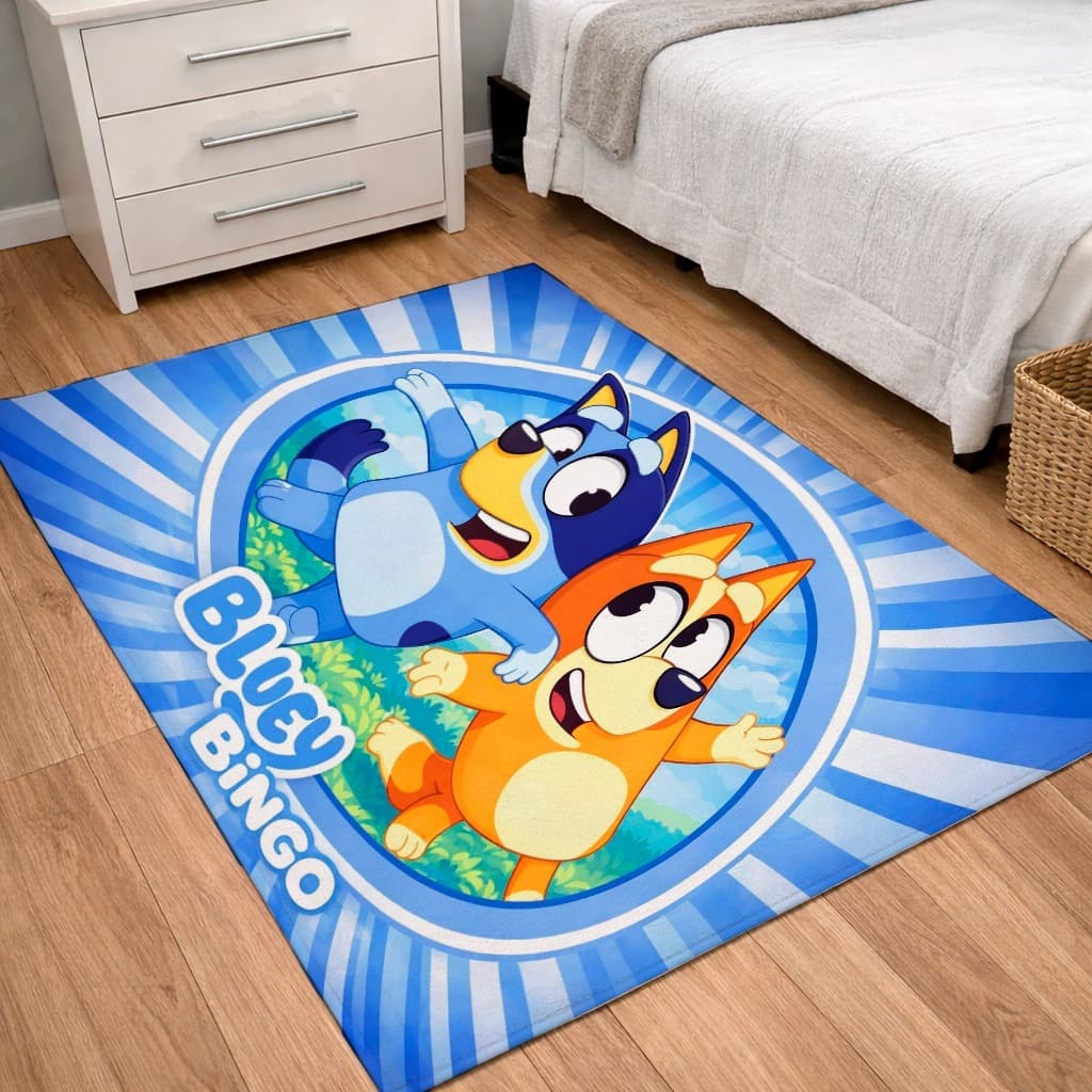 TAPETE DECORATIVO INFANTIL BLUEY BINGO AVELUDADO TAMANHO 130X100
