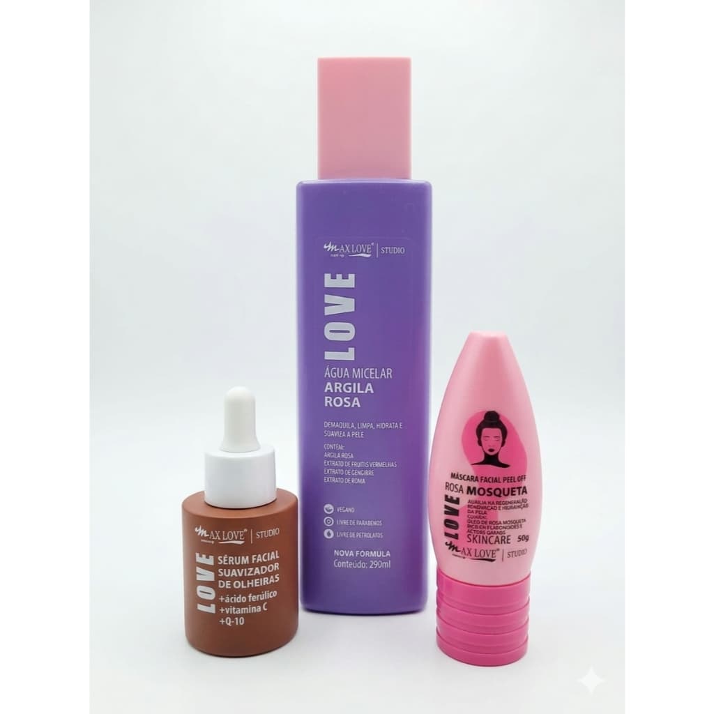 SKINCARE KIT COMPLETO 🌸  / 3 EM 1 / Max Love  Água Micelar + Sérum + Máscara Facial