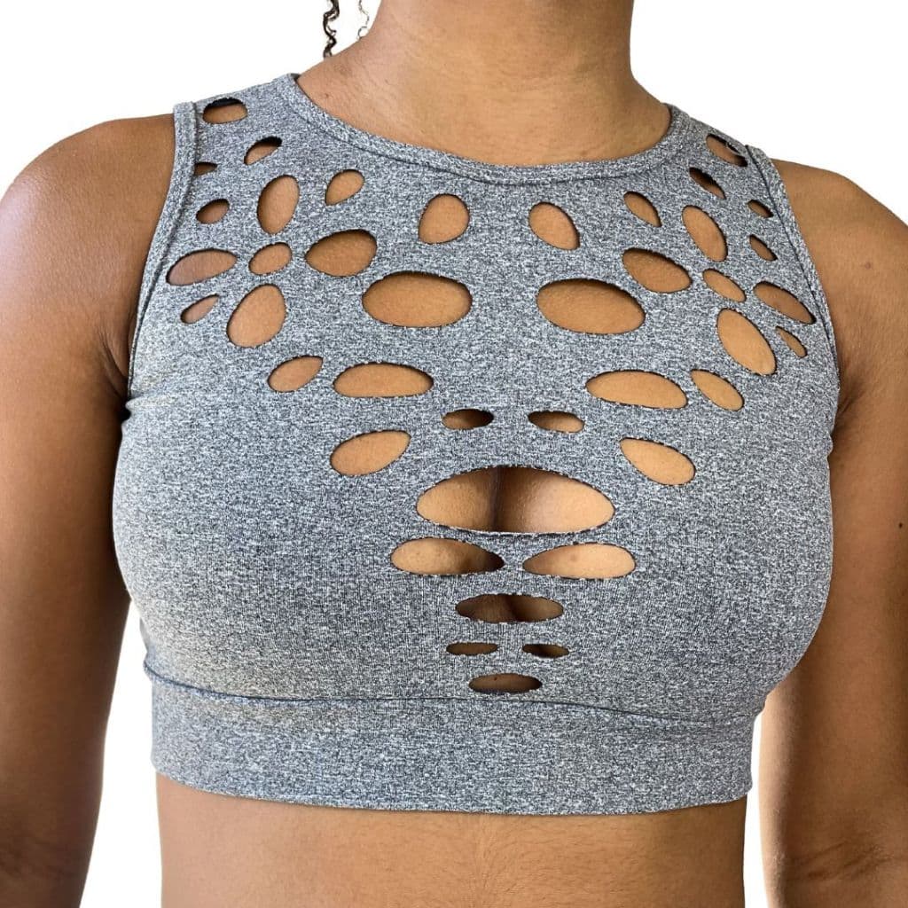 Top Fitness Feminino Academia Sem Bojo Vazado Respirável Cropped Esportivo Elasticidade Alta Treino Yoga Cinza