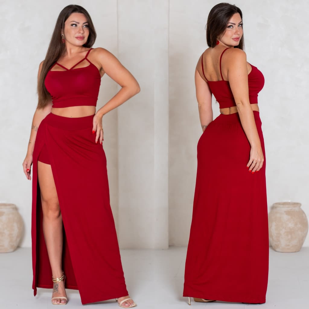 Conjunto feminino cropped saia longa moda verão casual