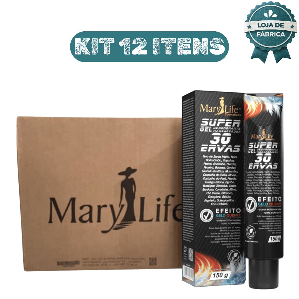 Kit 12 Gel Super Gel 30 Ervas 150g Mary Life Al铆vio Muscular Relaxante Dor e Cansa莽o