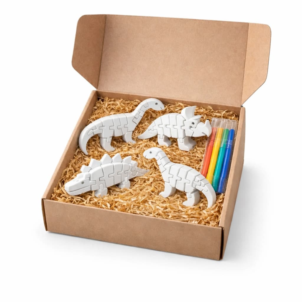Kit Dinos Personalizáveis Divertidos 4 Dinossauros Articulados para Colorir 6 Canetinhas Acrílicas Brinquedo infantil