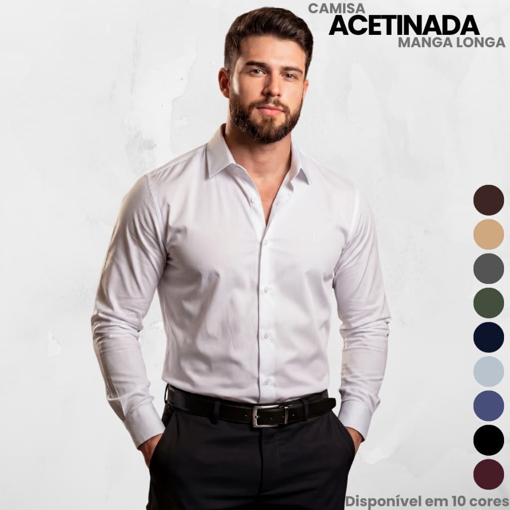 Camisa Social Masculina Acetinada Fibra de Bambu  Manga Longa Tecido Premium Executivo