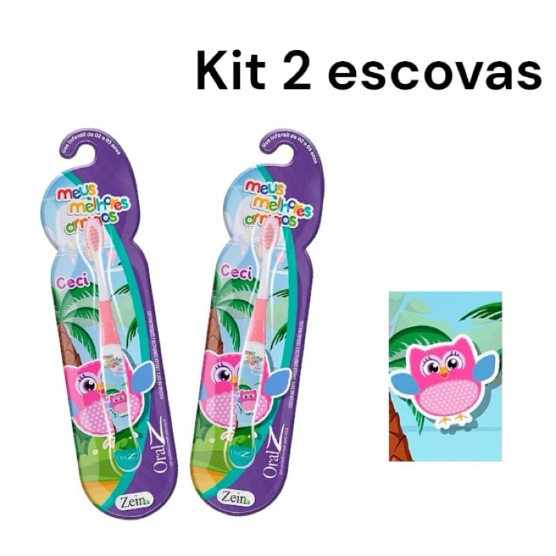 Kit 2 Escovas De Dentes Rosa Macia Infantil Criança Coruja