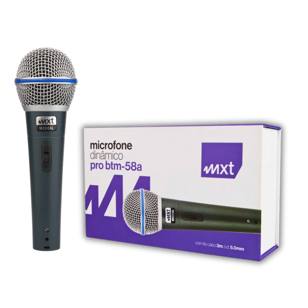 Microfone Dinâmico Profissional MXT PRO BTM-58A Metal Cabo 4,5m P10 com Cachimbo para Palco e Eventos