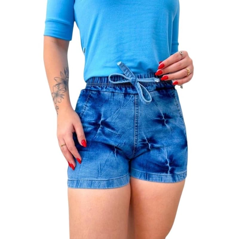 Short Jeans Feminino Com Elástico C/ Bolso Adulto - Alta Qualidade
