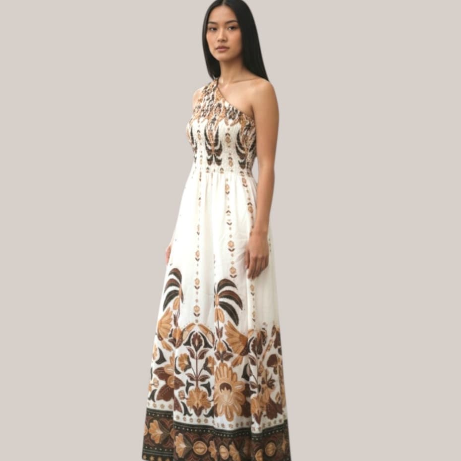 Vestido Longo Elegante - Um Ombro Só com Estampa Étnica Exclusiva