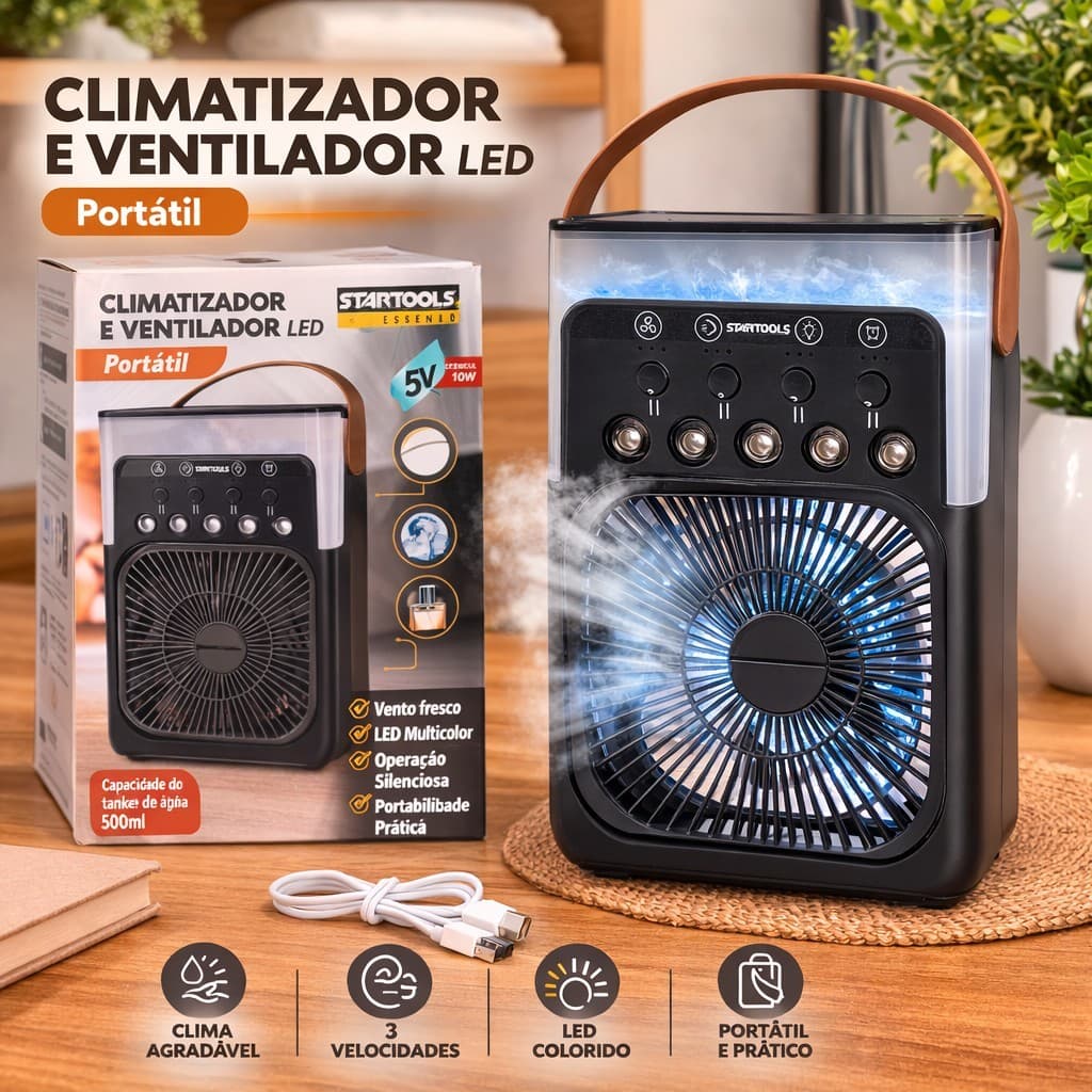 Climatizador Ventilador  LED Preto Umidificador Purificador Ar Condicionado Mini Refrigeração