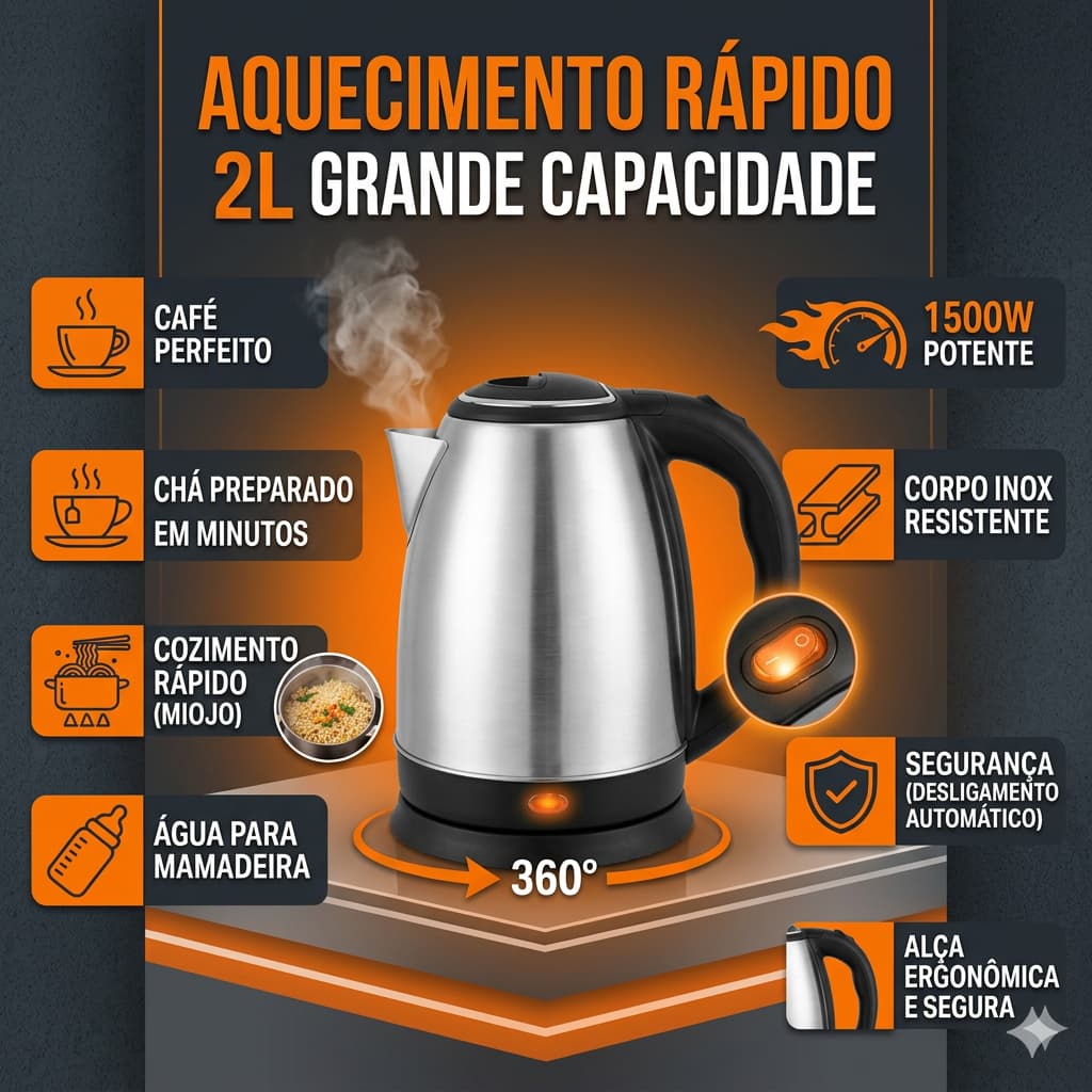 Chaleira Elétrica Inox 2 L 127V e 220V de 1500W Bule Fervedor de Água, Café, Leite, Chá, Chimarrão, Jarra Elétrica Inox