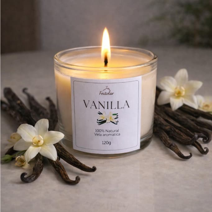 Vela Aromática 120g Vanilla Cera 100% Natural Coco Queima Limpa Não Tóxica
