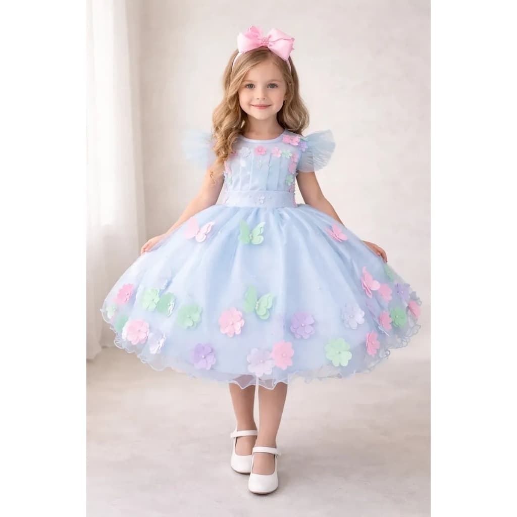 Vestido Jardim das Fadas Borboletas Jardim Encantado Isis Luxinho Azul Bebe Marie